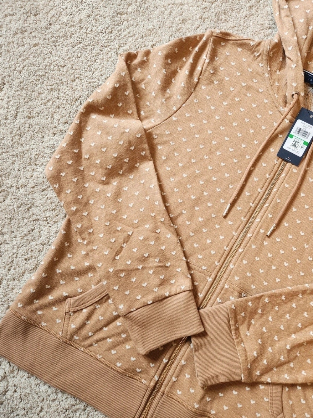 Tommy Hilfiger 100% Cotton Zip-up Tan Hoodie with Tiny White Heart Print - Picture 3 of 16